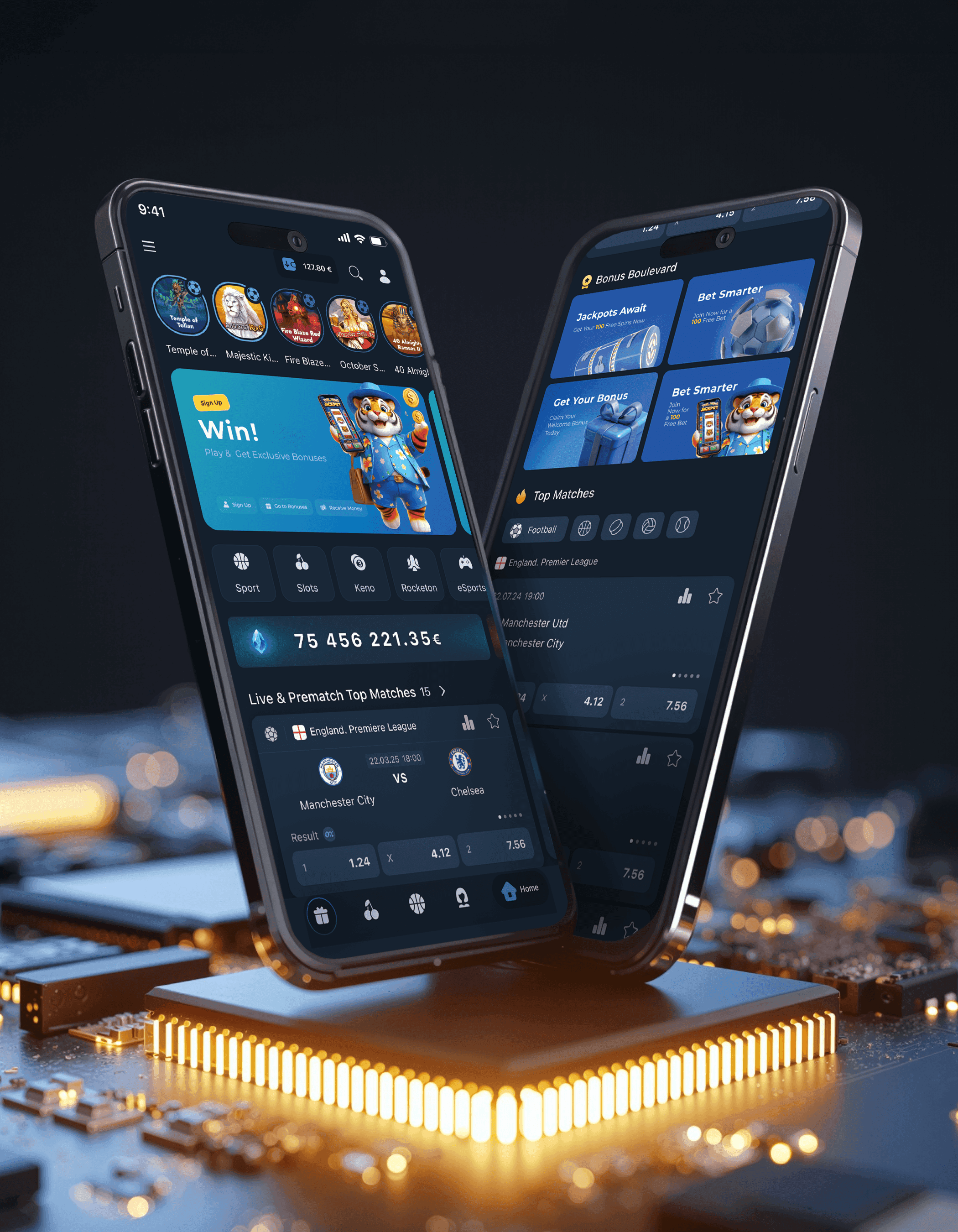 Two smartphones display app interfaces on a glowing microchip, highlighting digital technology.