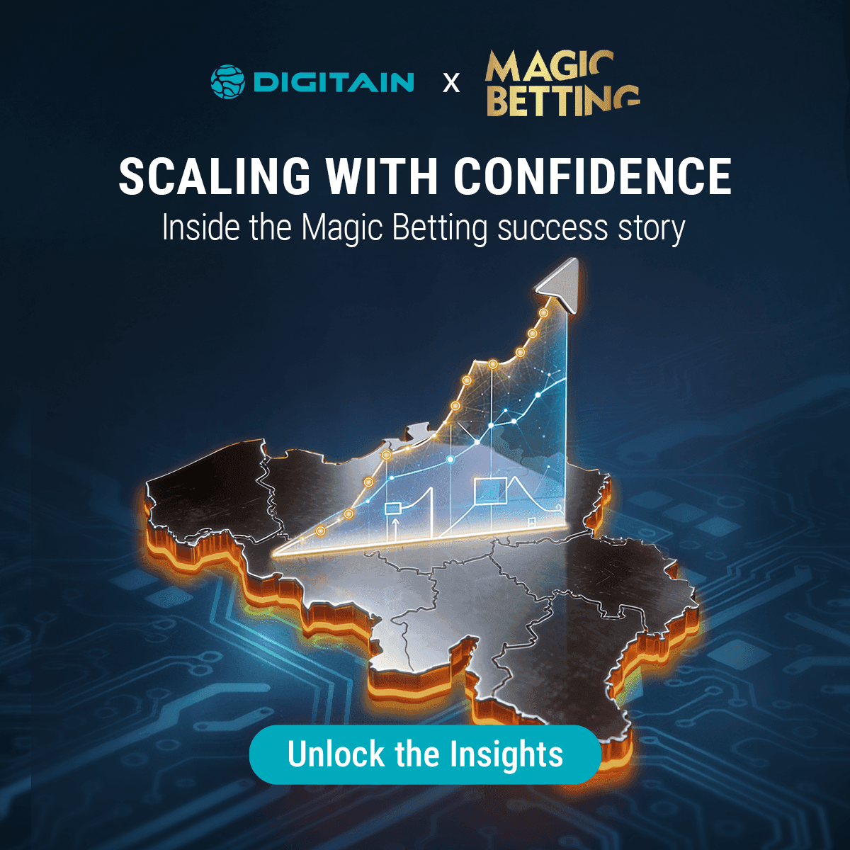 Map with a glowing growth chart symbolizing Digitain and Magic Betting's scaling success.
