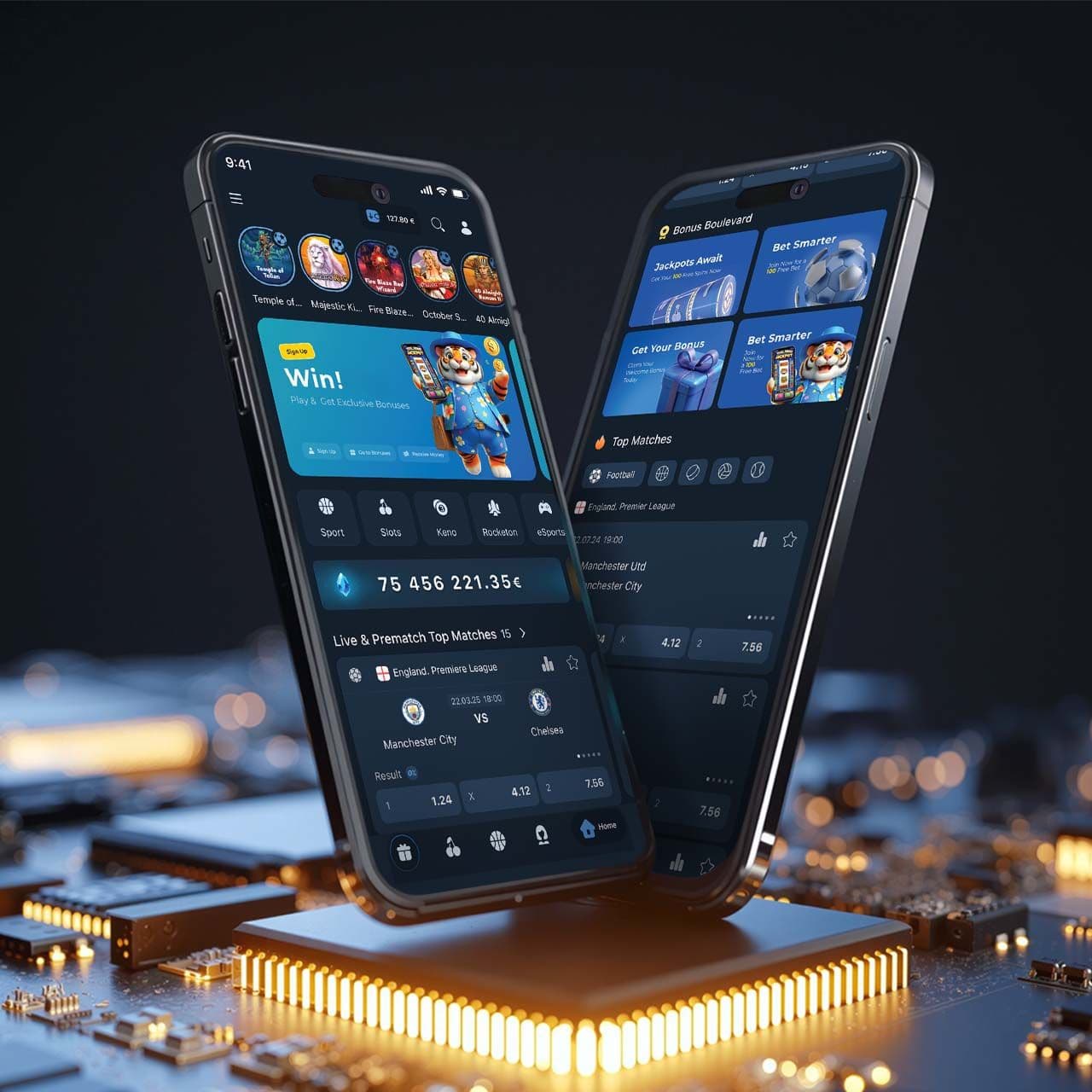 Two smartphones with dark app interfaces rising from a glowing circuit board.