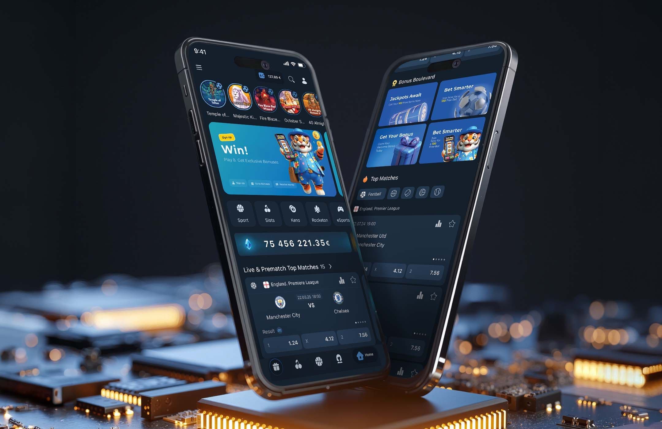 Two dark smartphones displaying app interfaces on a tech background.