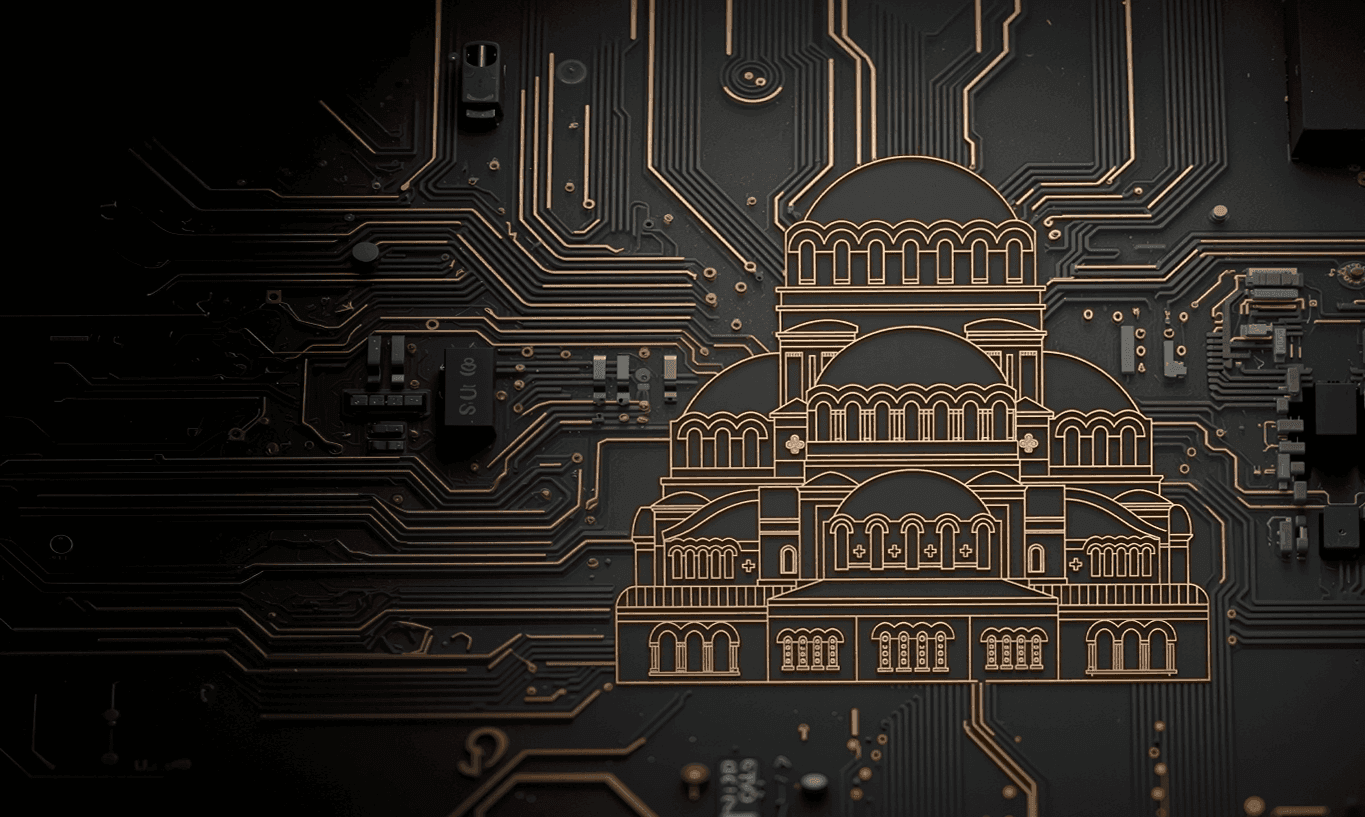Golden circuit board traces form an intricate outline of a grand building on a dark background.