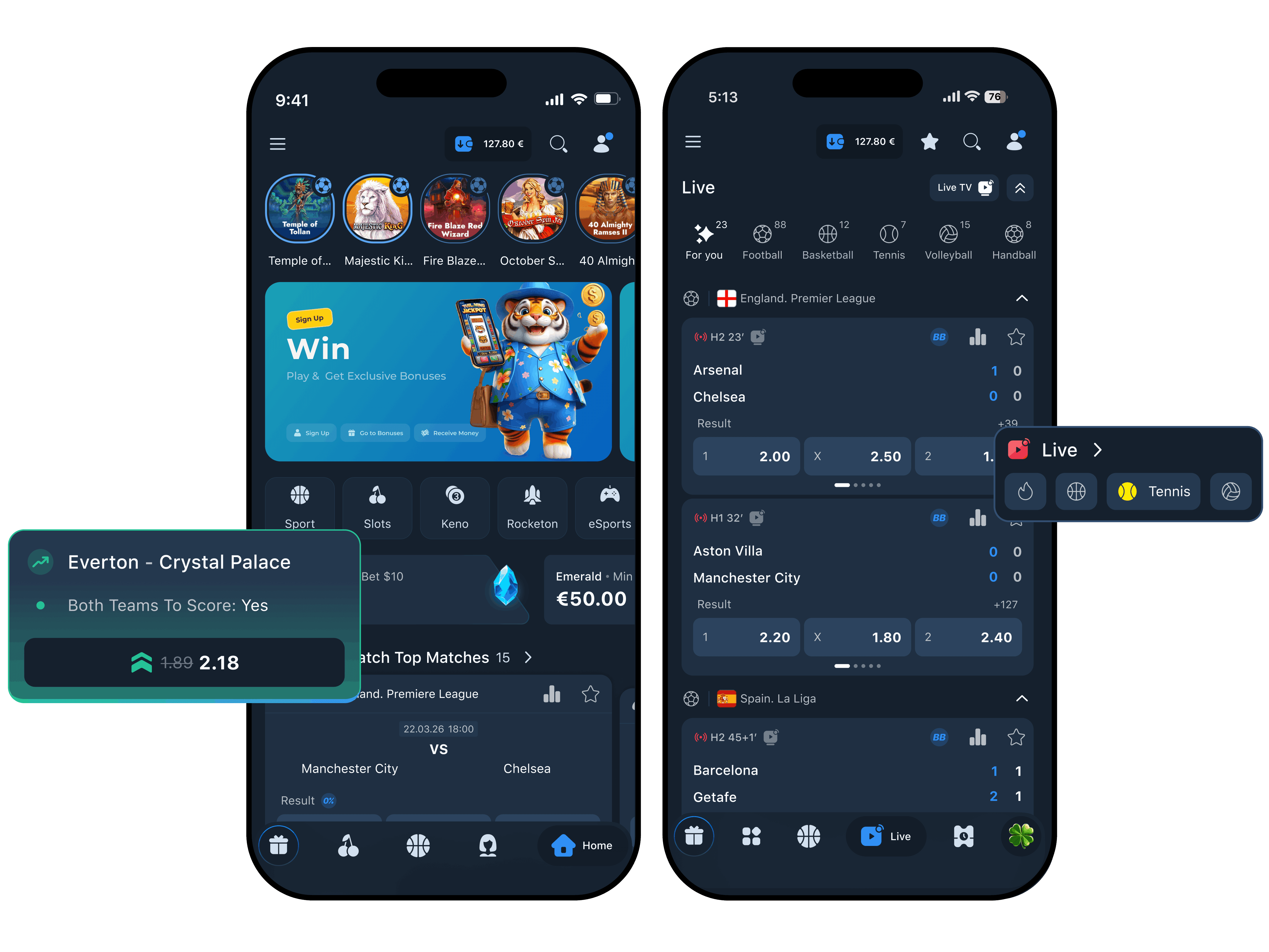 Two smartphones display a dark-themed mobile sports betting application with match listings and odds.
