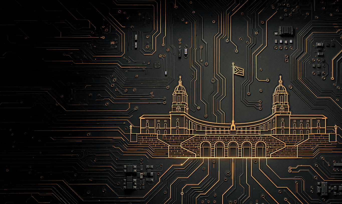 Digital illustration: grand building outline in orange on a dark circuit board.